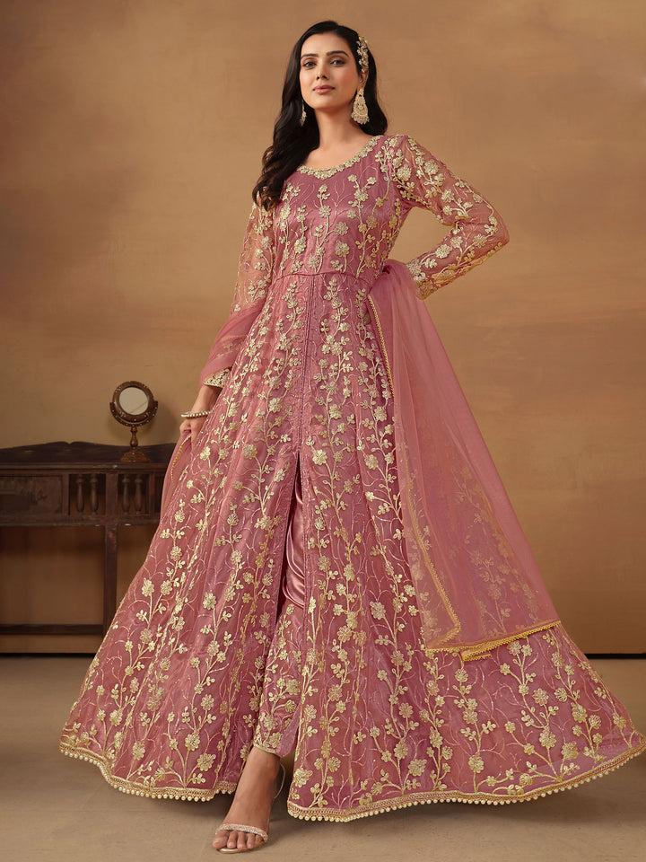 Pink Embroidered Net Semi Stitched Kurta With Pant &amp; Dupatta