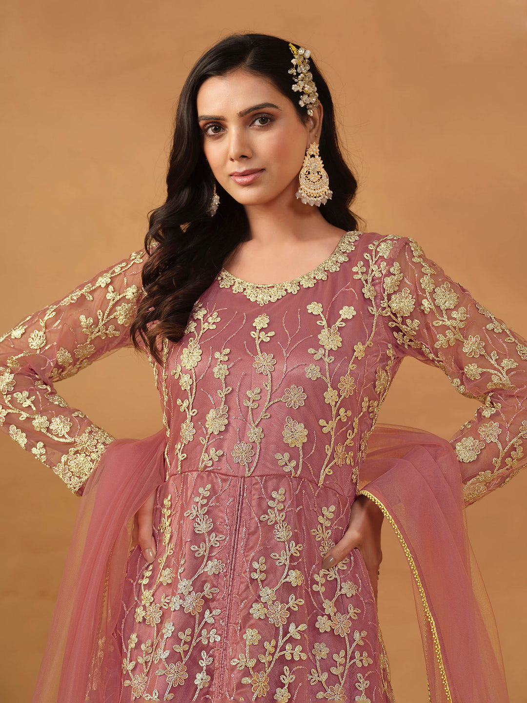 Pink Embroidered Net Semi Stitched Kurta With Pant &amp; Dupatta