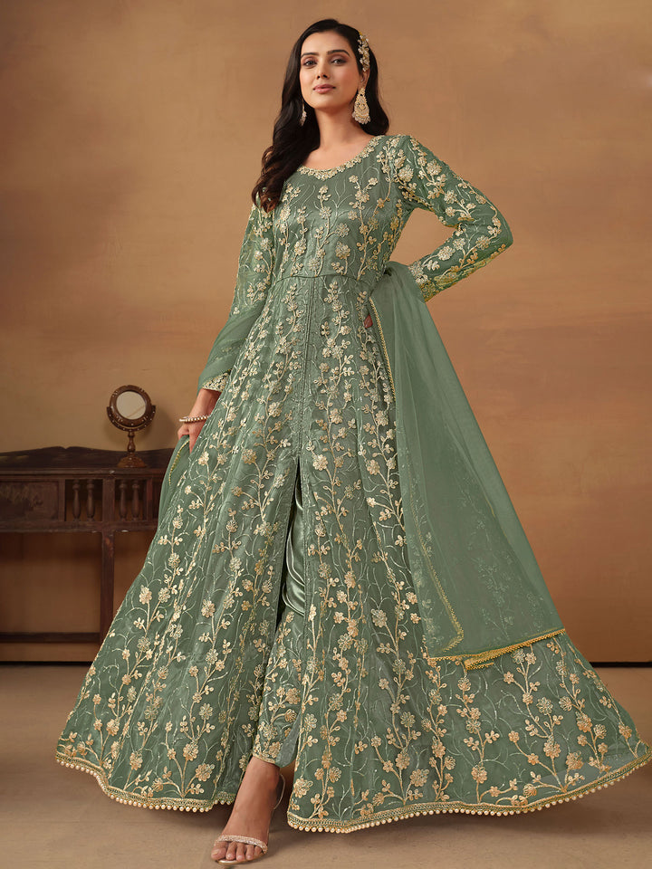 Pista Green Embroidered Net Semi Stitched Kurta With Pant &amp; Dupatta
