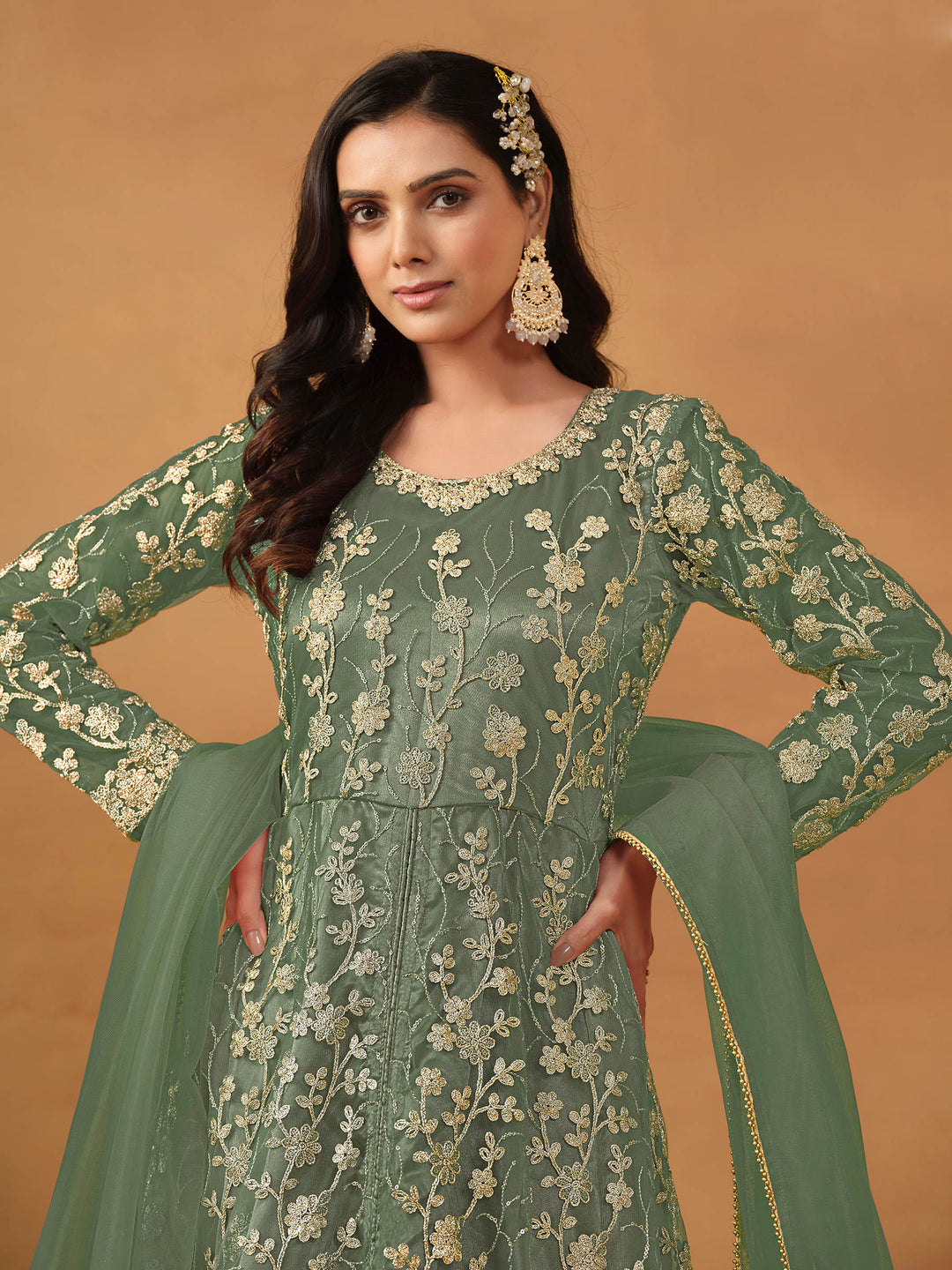 Pista Green Embroidered Net Semi Stitched Kurta With Pant &amp; Dupatta