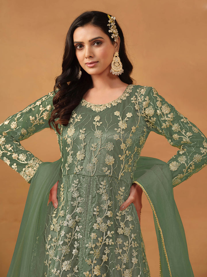 Pista Green Embroidered Net Semi Stitched Kurta With Pant &amp; Dupatta