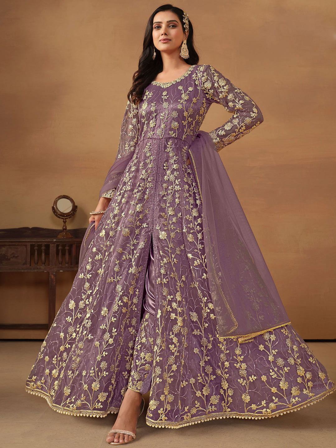 Purple Embroidered Net Semi Stitched Kurta With Pant &amp; Dupatta