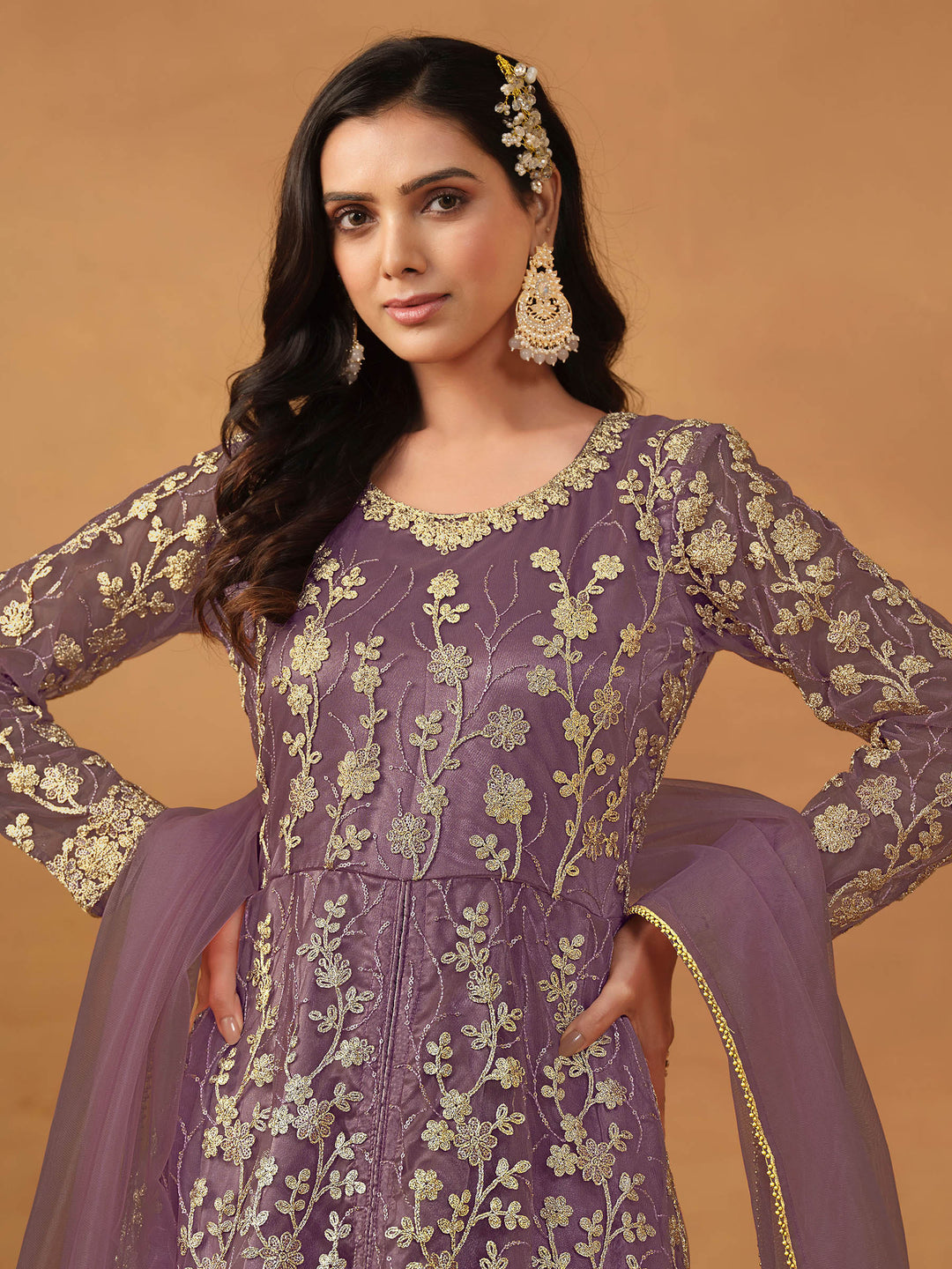 Purple Embroidered Net Semi Stitched Kurta With Pant &amp; Dupatta