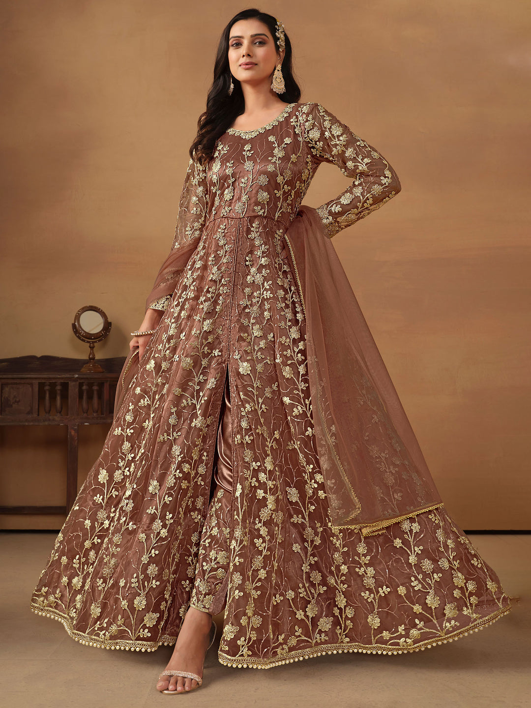 Brown Embroidered Net Semi Stitched Kurta With Pant &amp; Dupatta