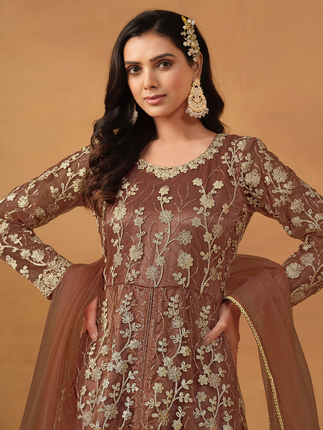 Brown Embroidered Net Semi Stitched Kurta With Pant &amp; Dupatta