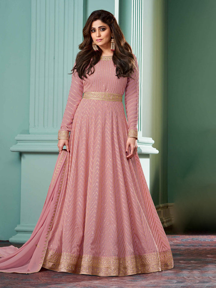 Pink Embroidered Georgette Gown With Dupatta