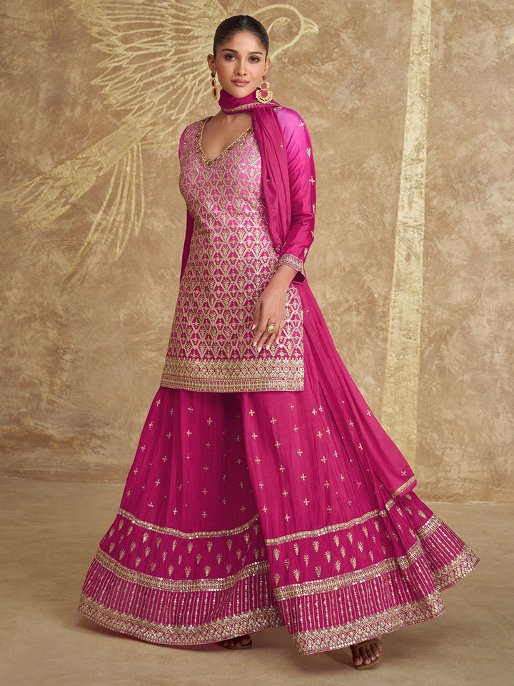 Pink Chinon Embroidered Kurta Palazzo With Dupatta