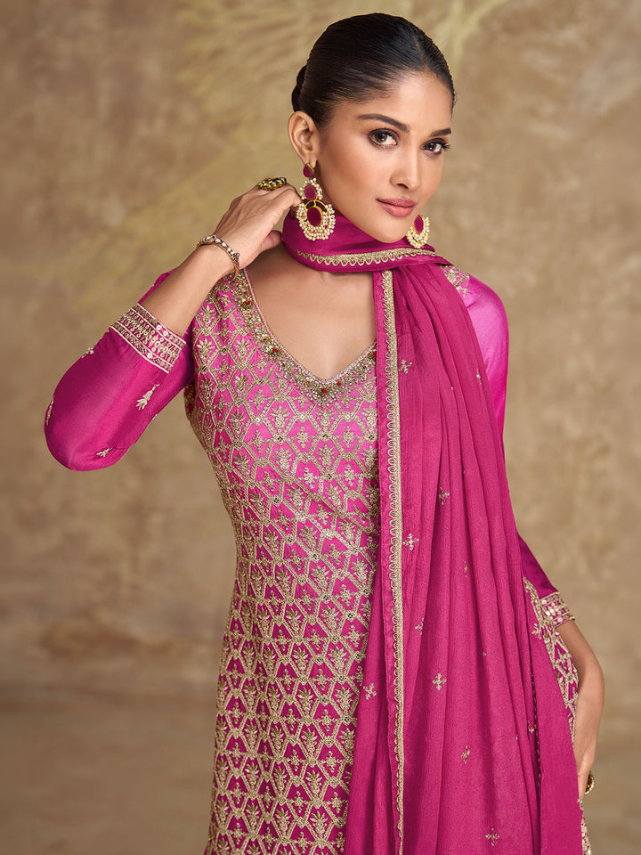 Pink Chinon Embroidered Kurta Palazzo With Dupatta