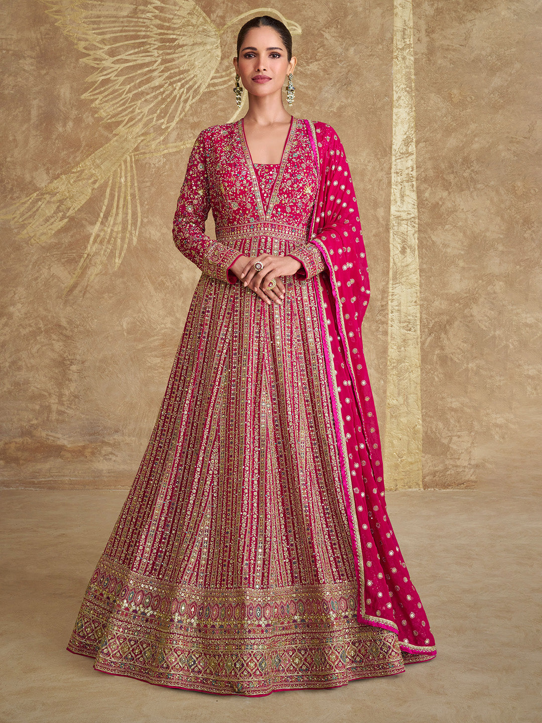 Pink Embroidered Georgette Gown With Dupatta