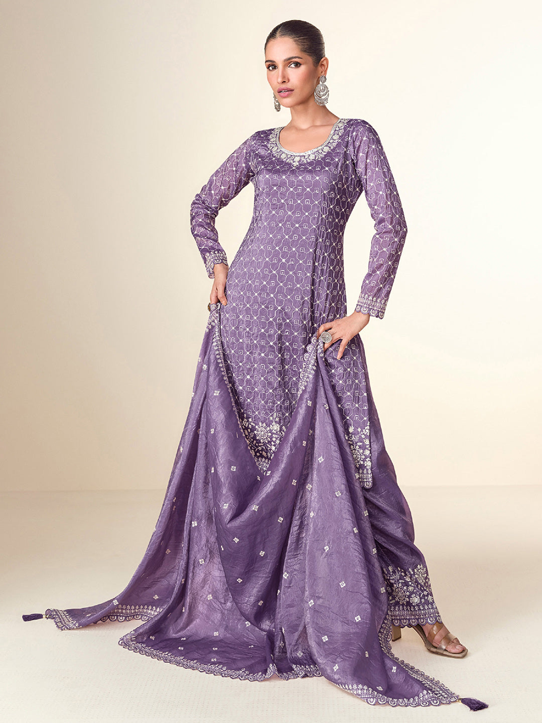 Purple Tissue Embroidered Kurta Palazzo With Dupatta