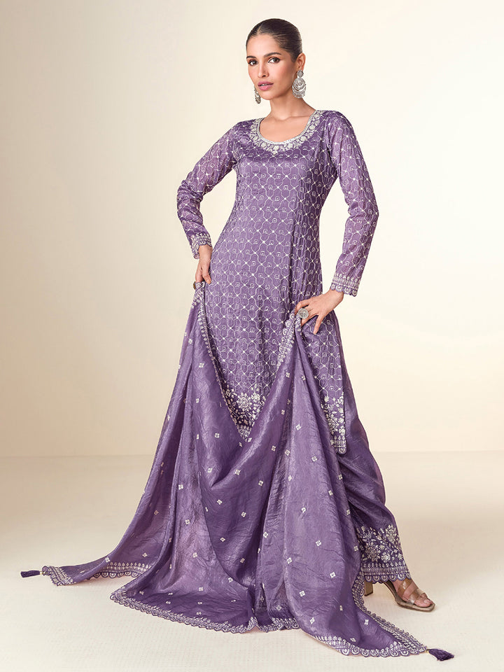 Purple Tissue Embroidered Kurta Palazzo With Dupatta