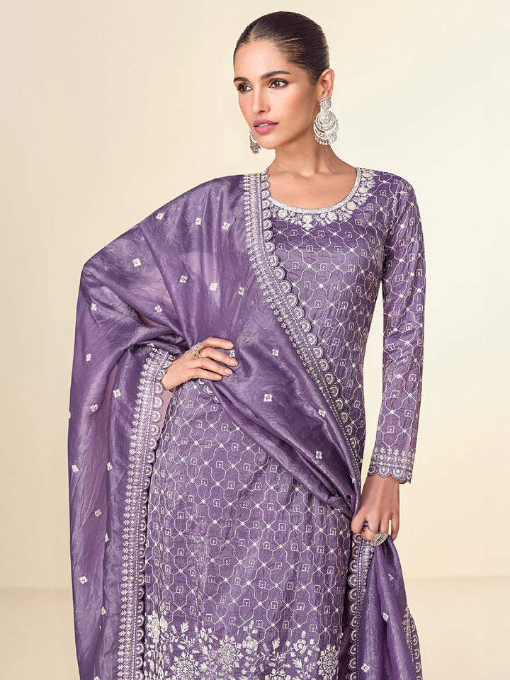 Purple Tissue Embroidered Kurta Palazzo With Dupatta