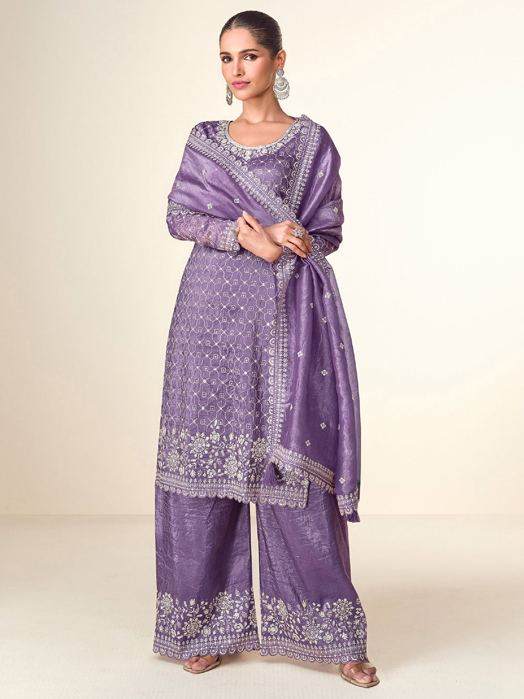 Purple Tissue Embroidered Kurta Palazzo With Dupatta