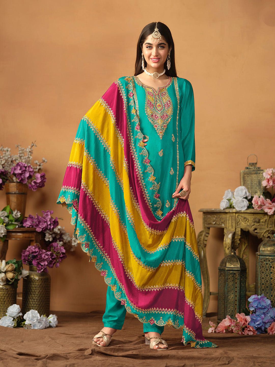 Sea Green Embroidered Chinon Semi Stitched Kurta Pant &amp; Dupatta