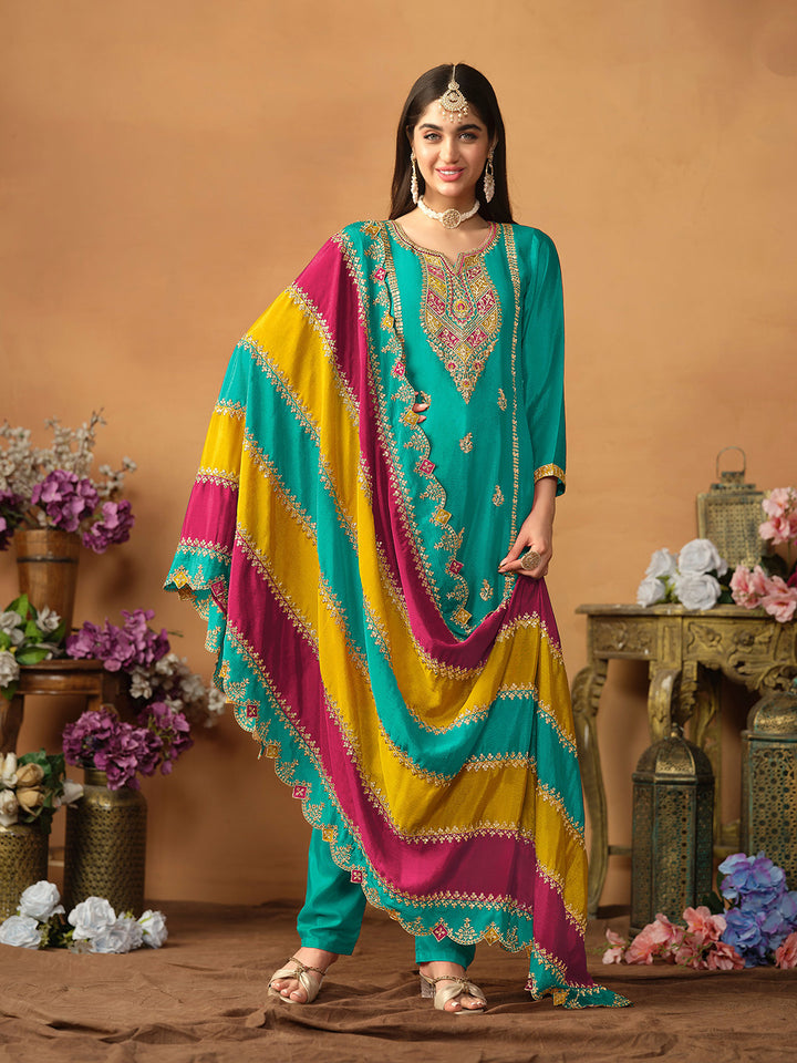 Sea Green Embroidered Chinon Semi Stitched Kurta Pant &amp; Dupatta