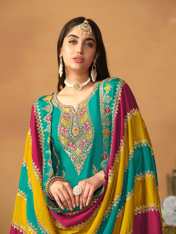Sea Green Embroidered Chinon Semi Stitched Kurta Pant &amp; Dupatta
