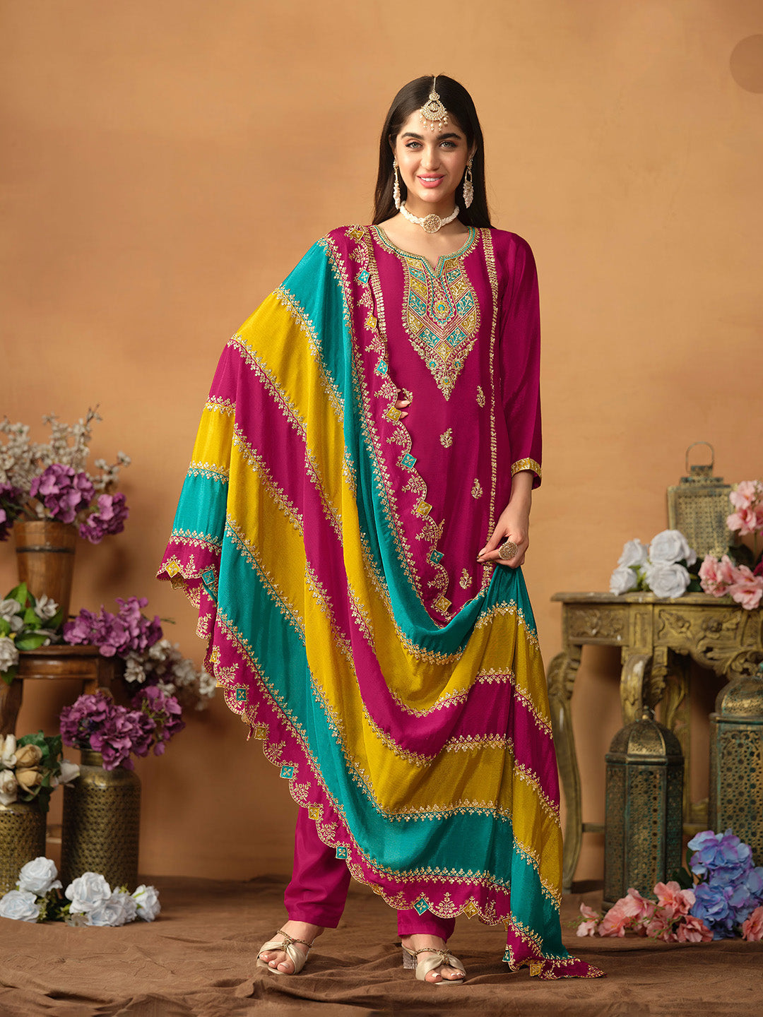 Rani Embroidered Chinon Semi Stitched Kurta Pant &amp; Dupatta