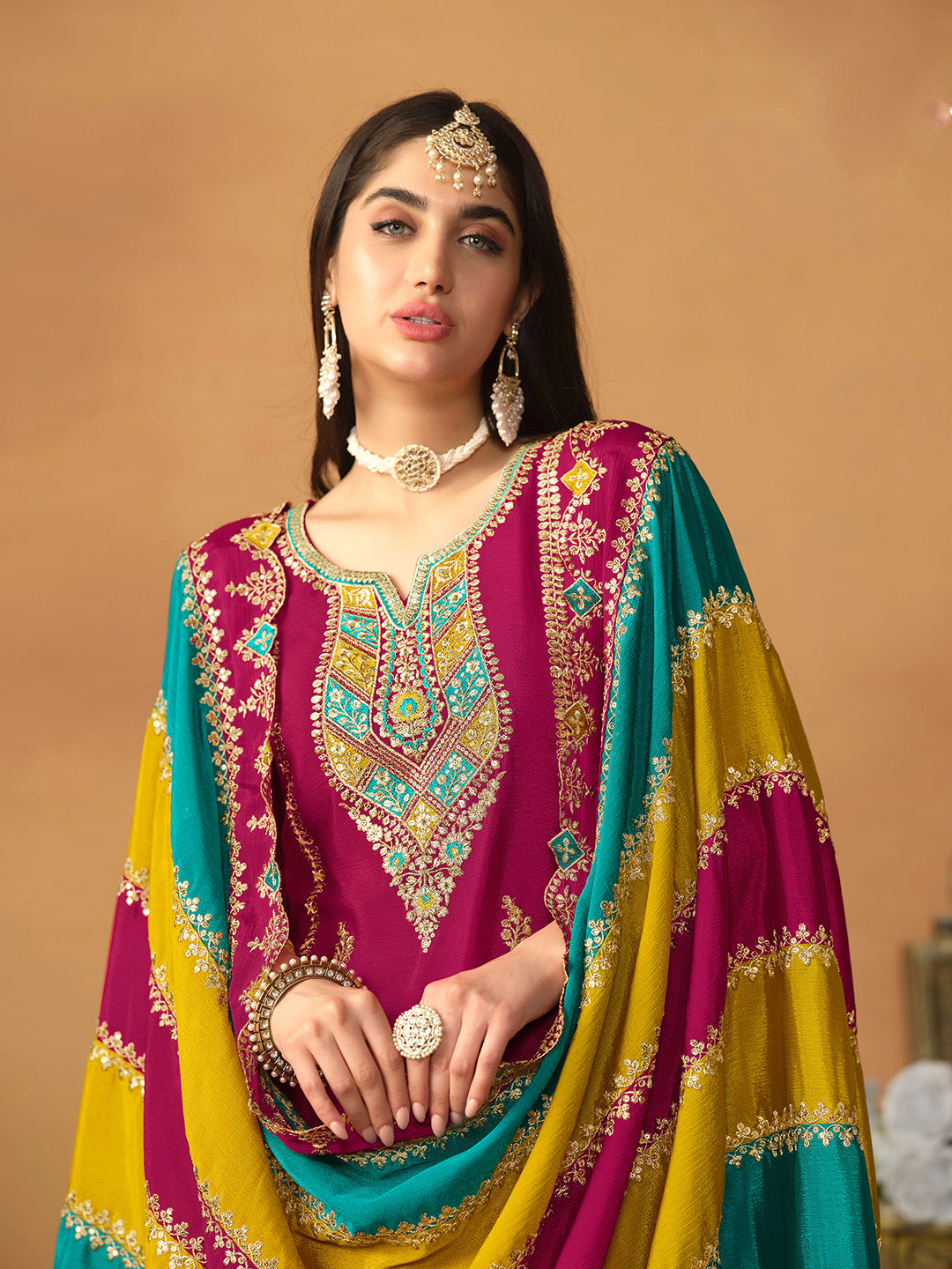 Rani Embroidered Chinon Semi Stitched Kurta Pant &amp; Dupatta