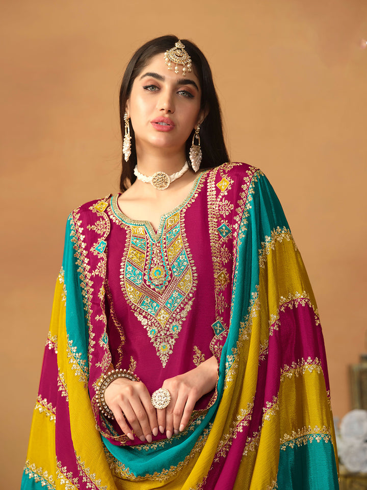 Rani Embroidered Chinon Semi Stitched Kurta Pant &amp; Dupatta