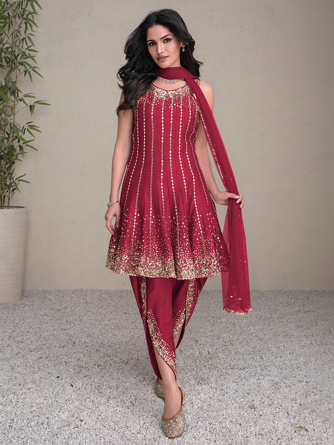Pink Art Silk Embroidered Kurta Dhoti With Dupatta