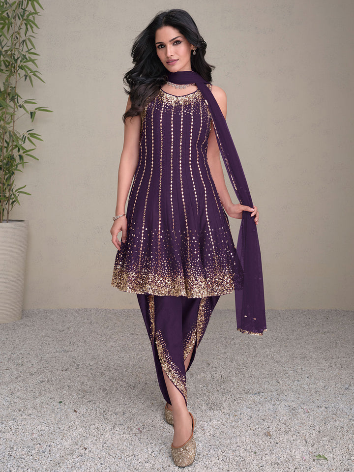 Purple Art Silk Embroidered Kurta Dhoti With Dupatta