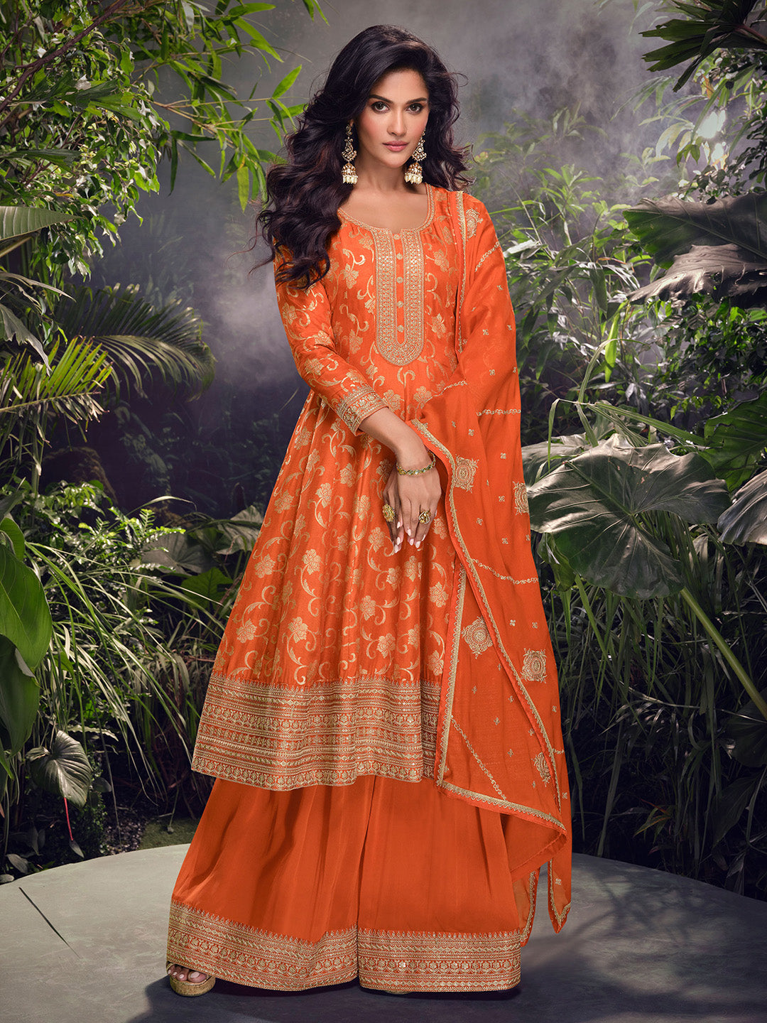 Orange Art Silk Embroidered Kurta Palazzo With Dupatta