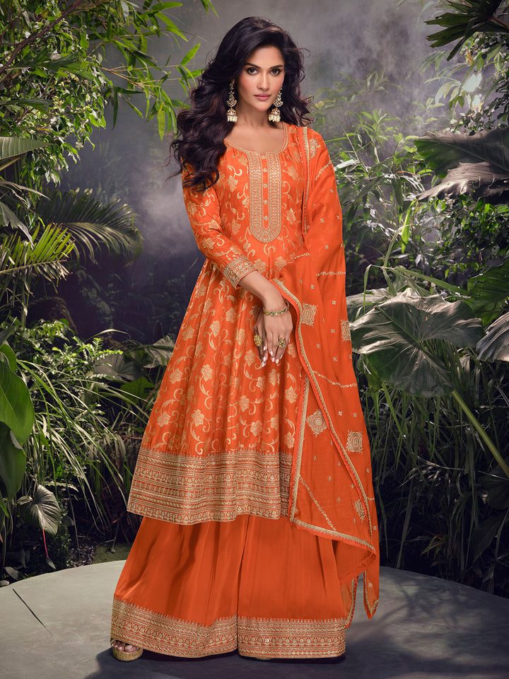 Orange Art Silk Embroidered Kurta Palazzo With Dupatta
