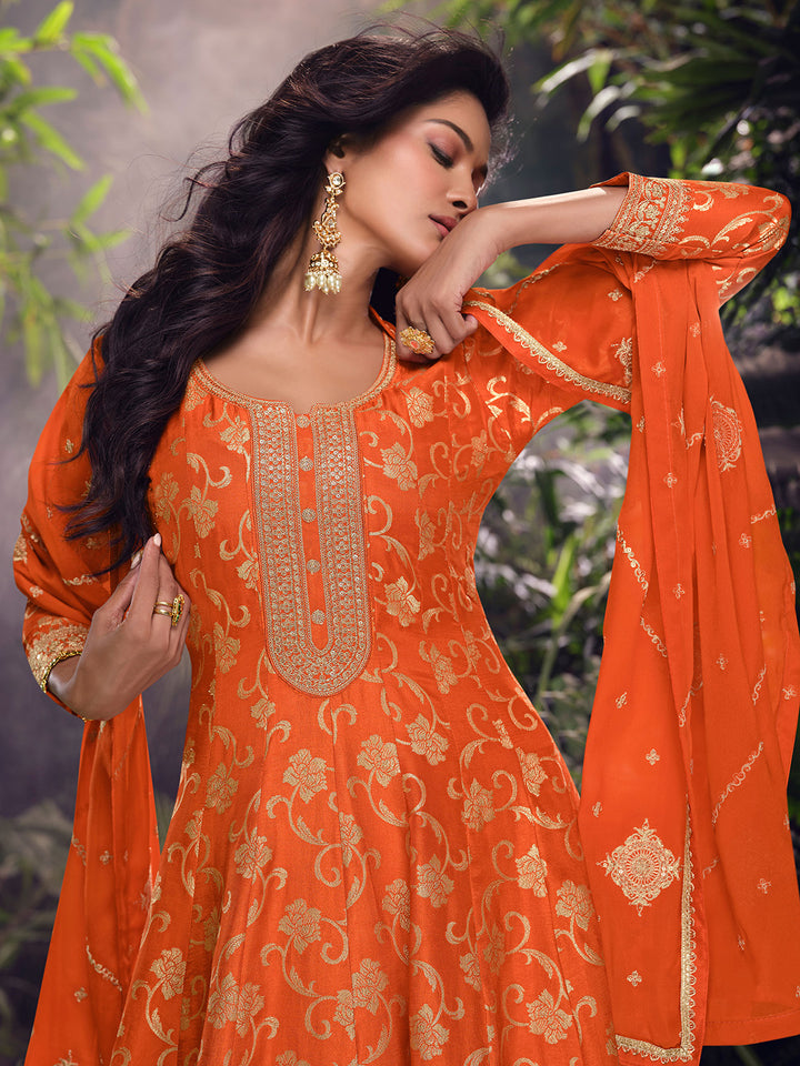Orange Art Silk Embroidered Kurta Palazzo With Dupatta