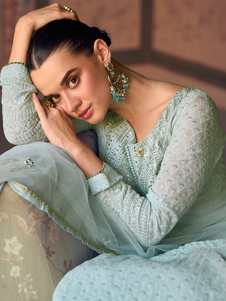 Blue Georgette Embroidered Kurta Pant With Dupatta