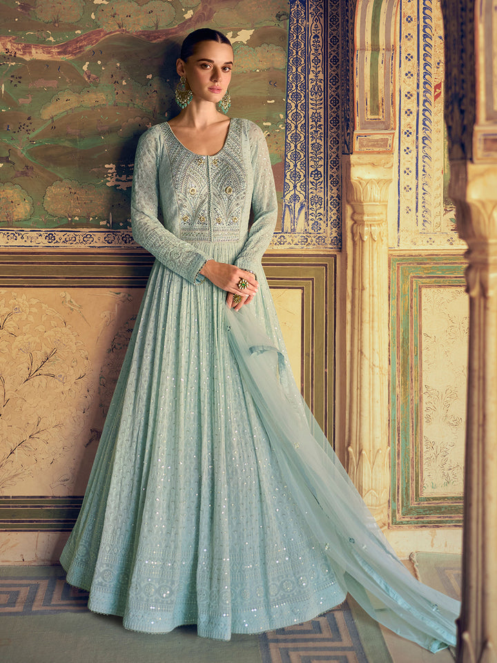 Blue Georgette Embroidered Kurta Pant With Dupatta