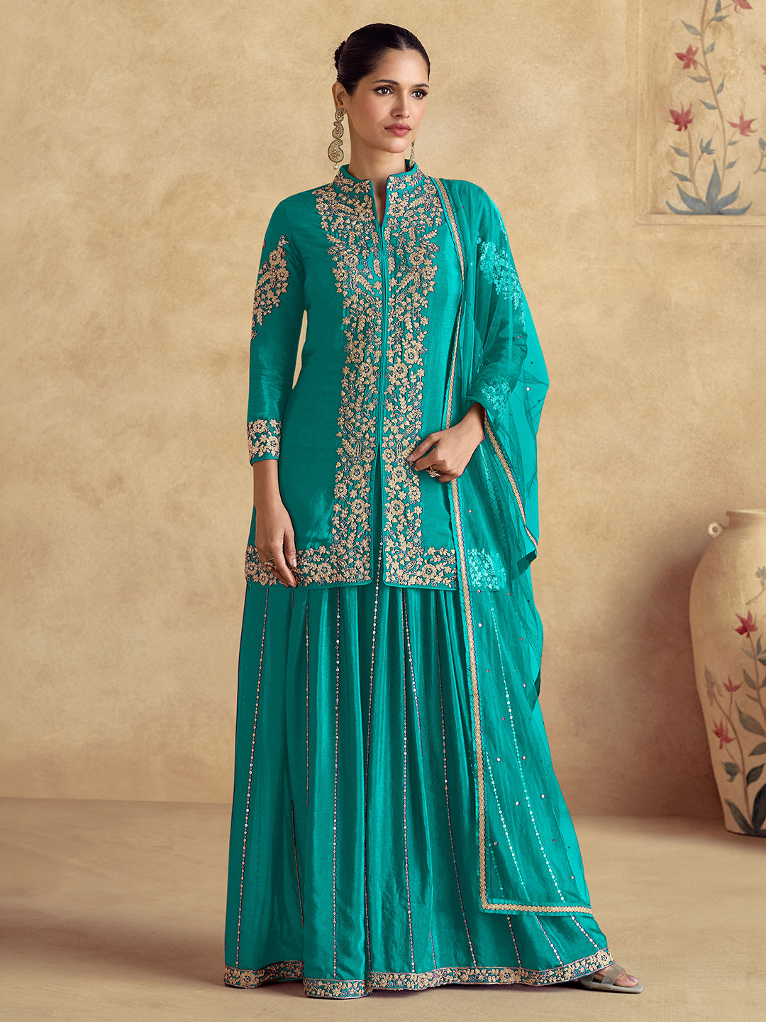 Turquoise Chinon Embroidered Kurta Palazzo With Dupatta