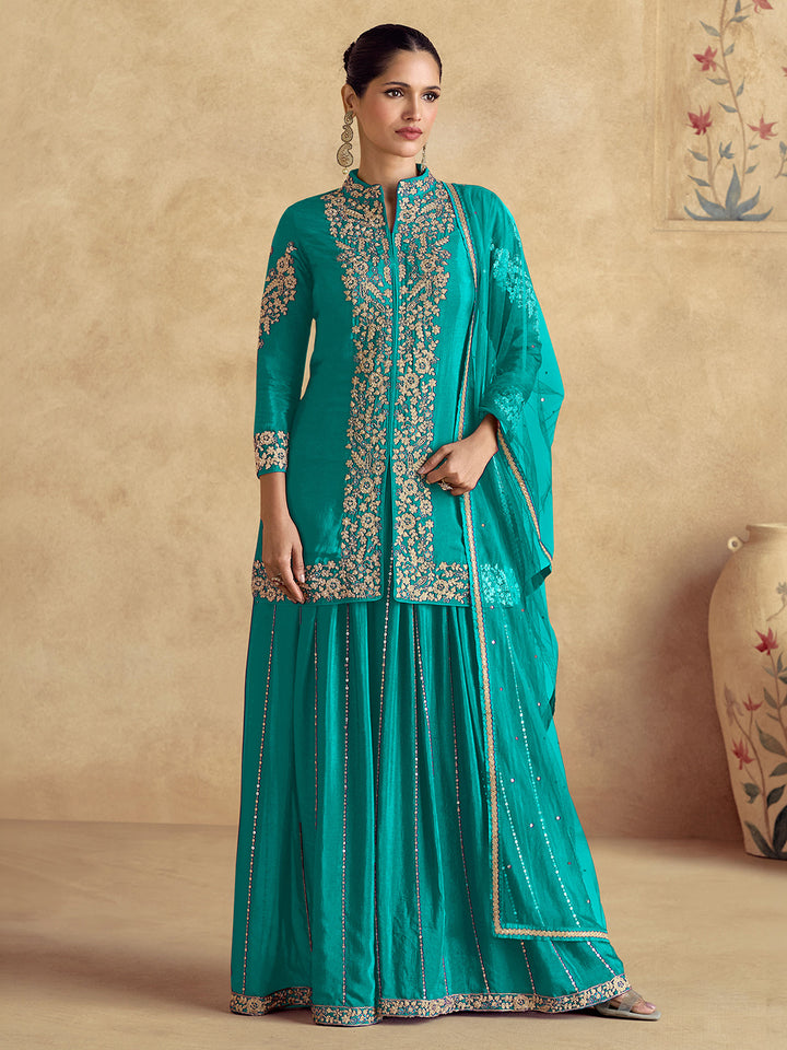 Turquoise Chinon Embroidered Kurta Palazzo With Dupatta
