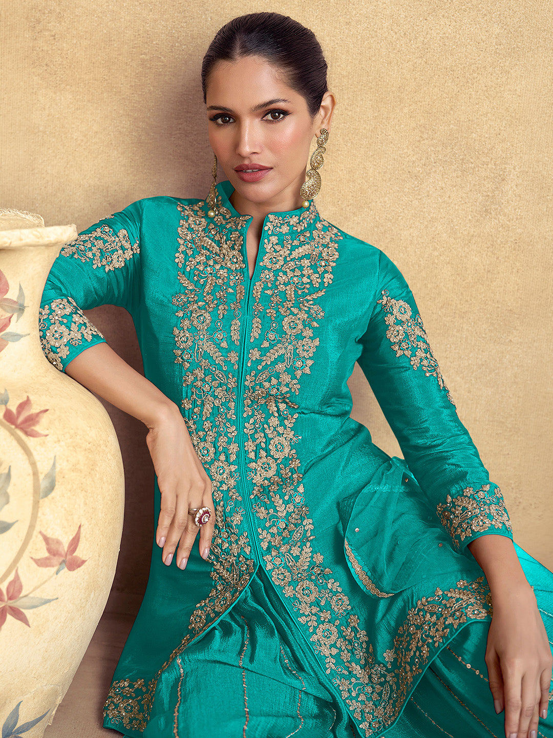 Turquoise Chinon Embroidered Kurta Palazzo With Dupatta
