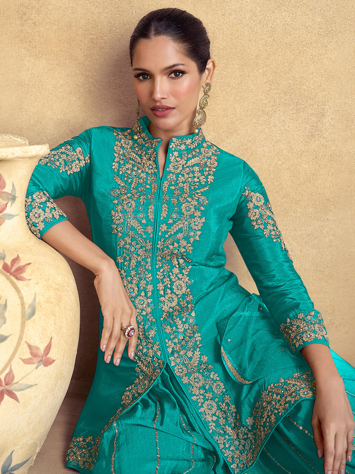 Turquoise Chinon Embroidered Kurta Palazzo With Dupatta