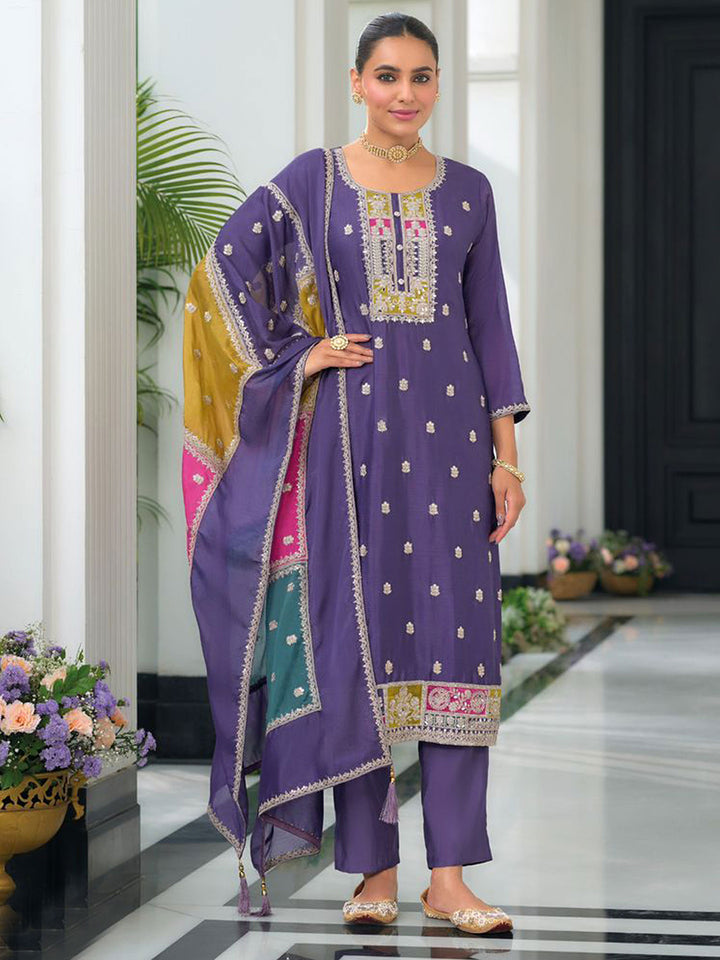 Purple Embroidered Chinnon Kurta Pant Dupatta