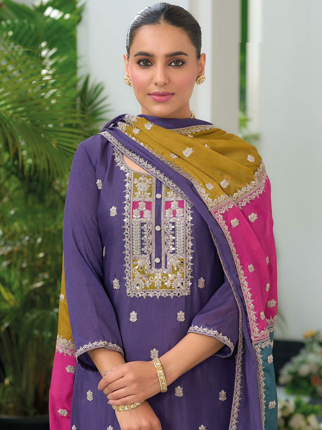 Purple Embroidered Chinnon Kurta Pant Dupatta