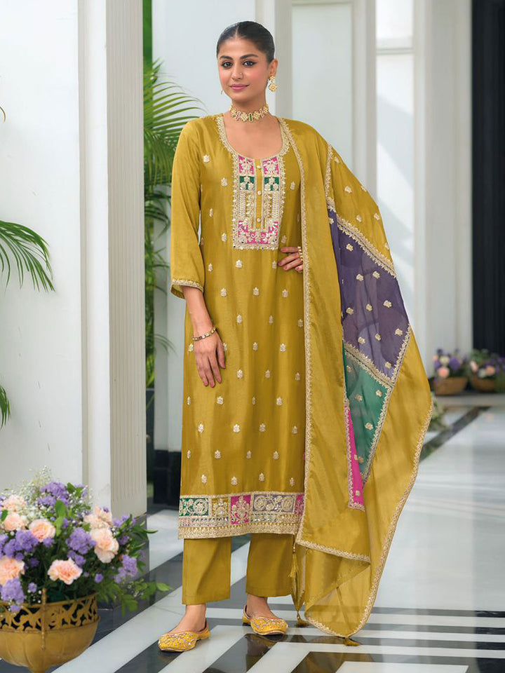 Mustard Embroidered Chinnon Kurta Pant Dupatta