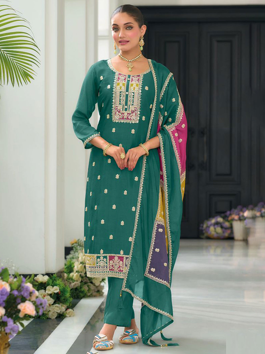 Green Embroidered Chinnon Kurta Pant Dupatta
