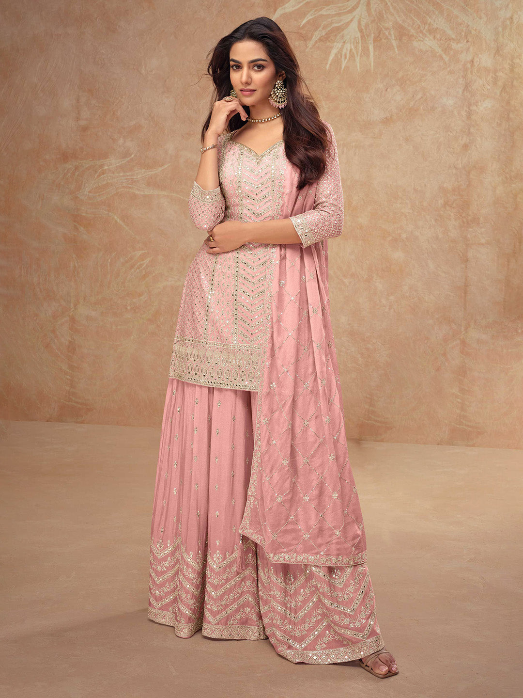 Peach Embroidered Chinnon Kurta Palazzo Dupatta