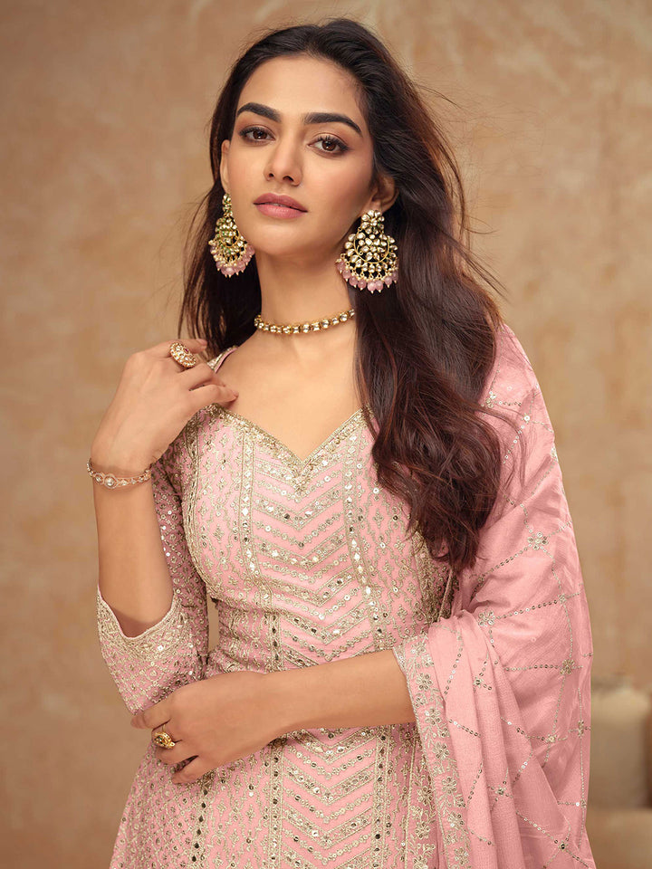 Peach Embroidered Chinnon Kurta Palazzo Dupatta