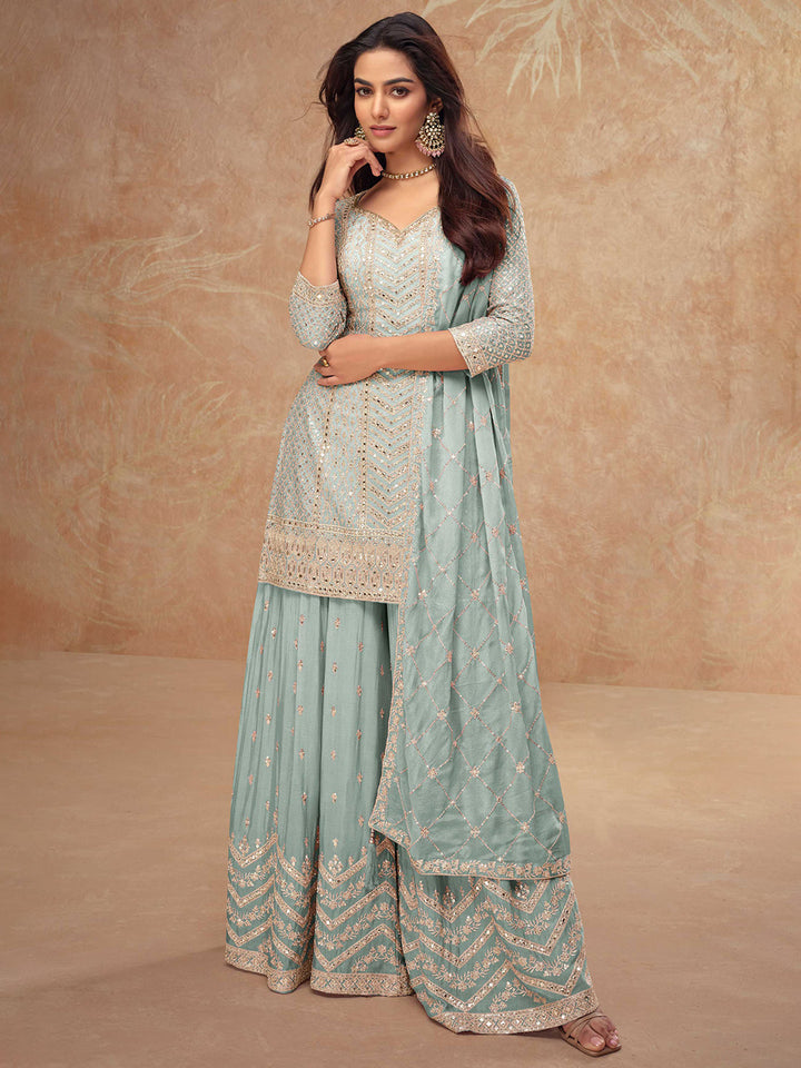 Sky Blue Embroidered Chinnon Kurta Palazzo Dupatta