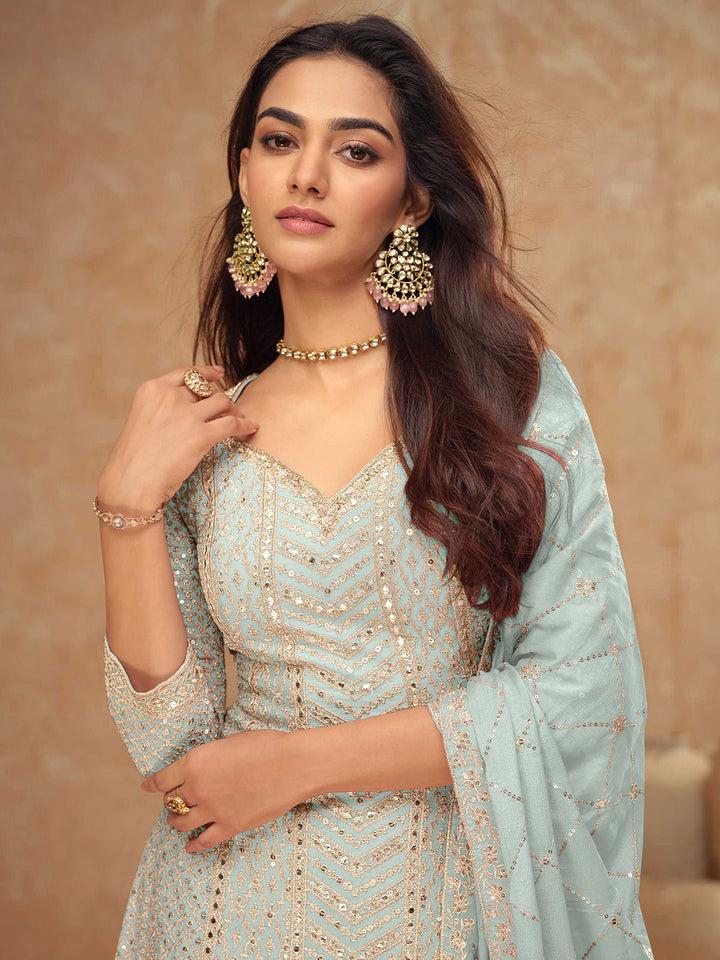 Sky Blue Embroidered Chinnon Kurta Palazzo Dupatta
