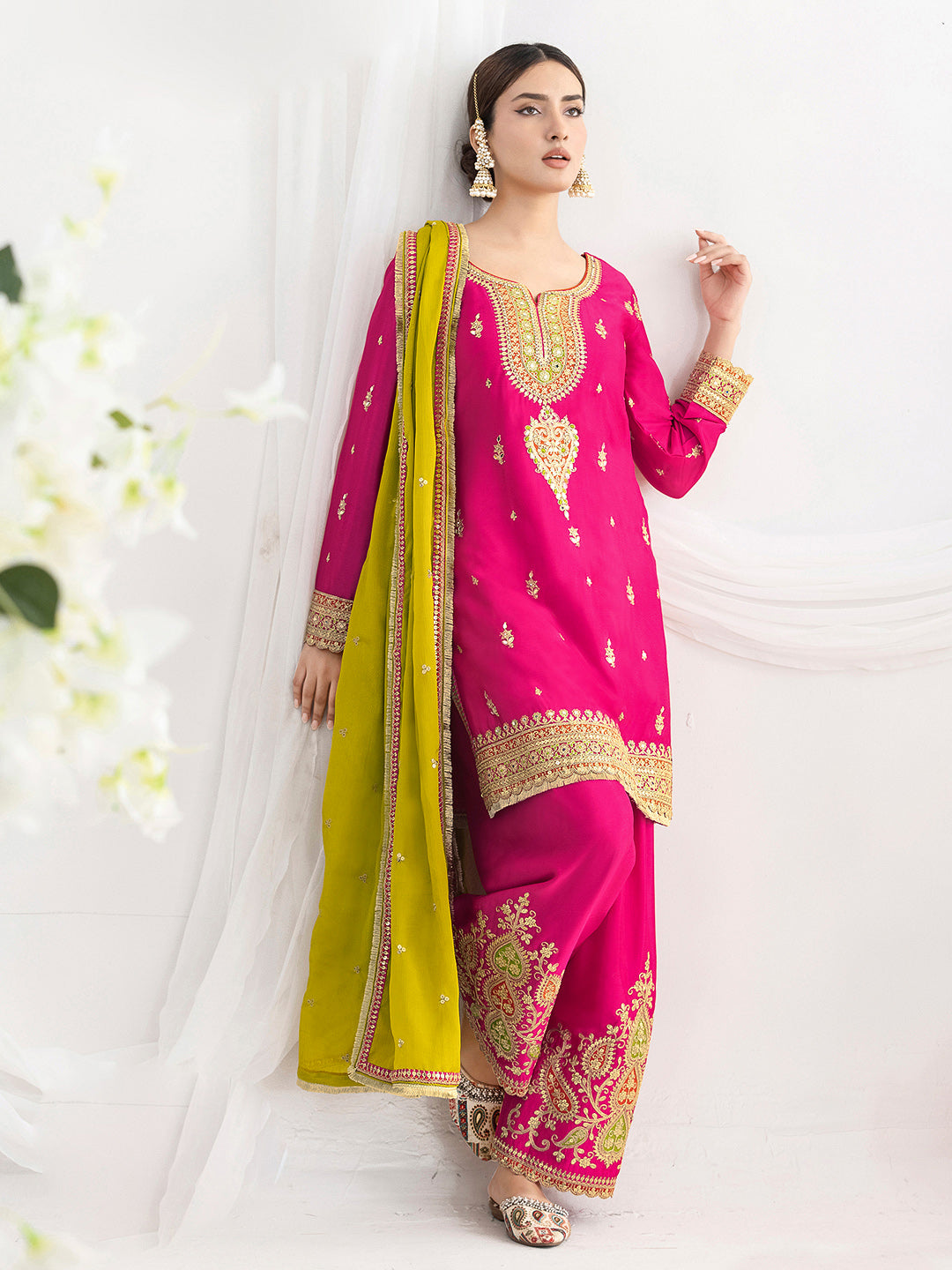 Rani Chinon Embroidered Kurta Farsi Salwar With Dupatta