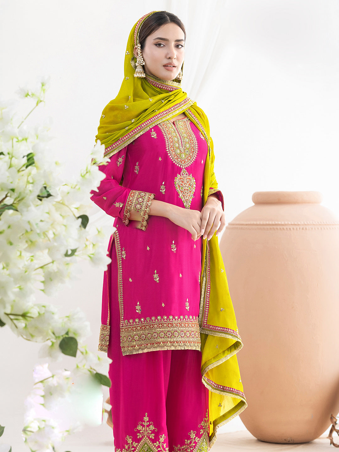 Rani Chinon Embroidered Kurta Farsi Salwar With Dupatta