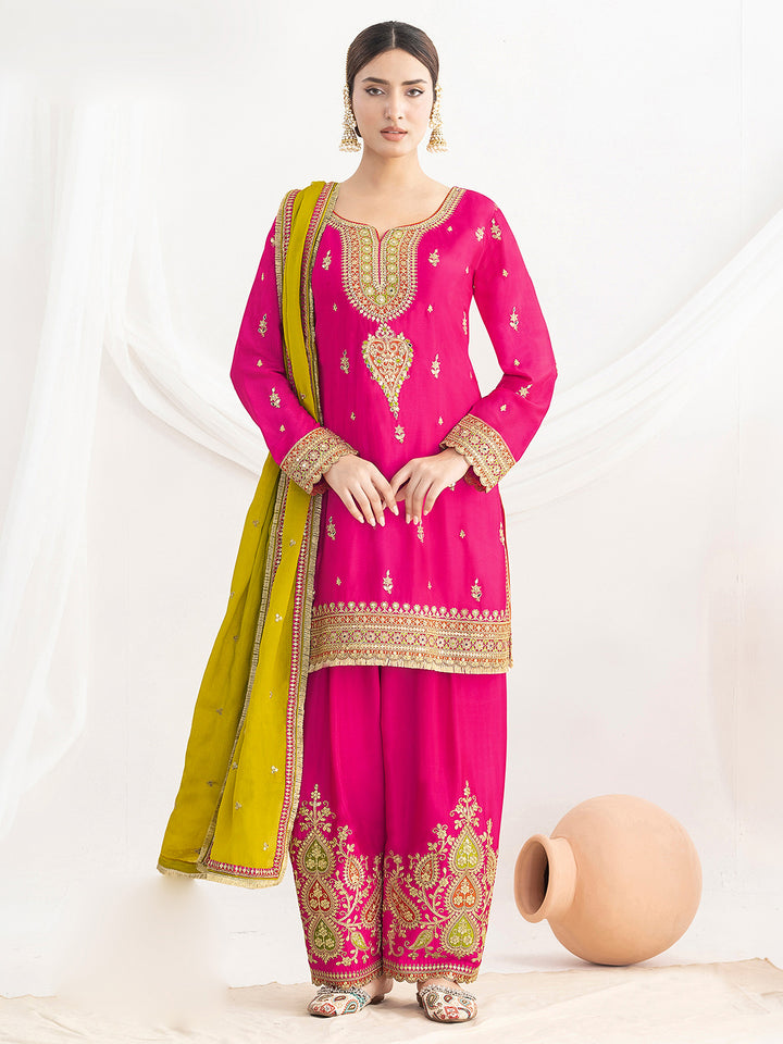 Rani Chinon Embroidered Kurta Farsi Salwar With Dupatta