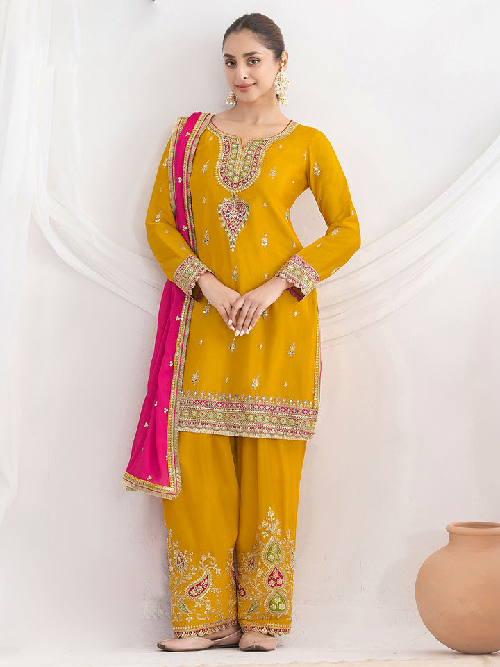 Mustard Chinon Embroidered Kurta Farsi Salwar With Dupatta