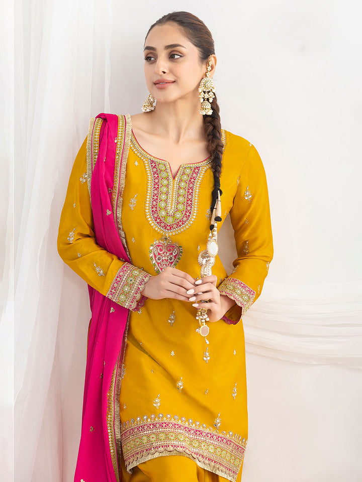 Mustard Chinon Embroidered Kurta Farsi Salwar With Dupatta