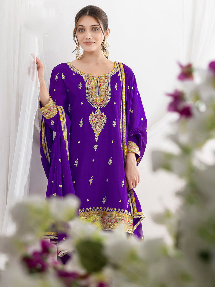 Purple Chinon Embroidered Kurta Farsi Salwar With Dupatta