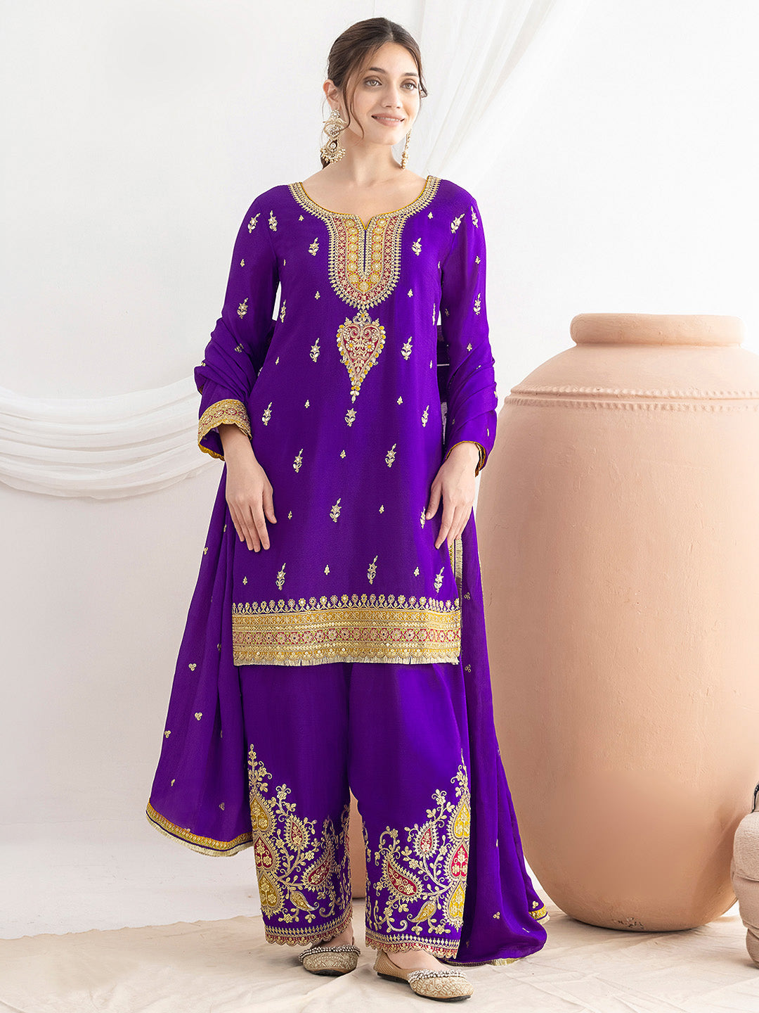 Purple Chinon Embroidered Kurta Farsi Salwar With Dupatta