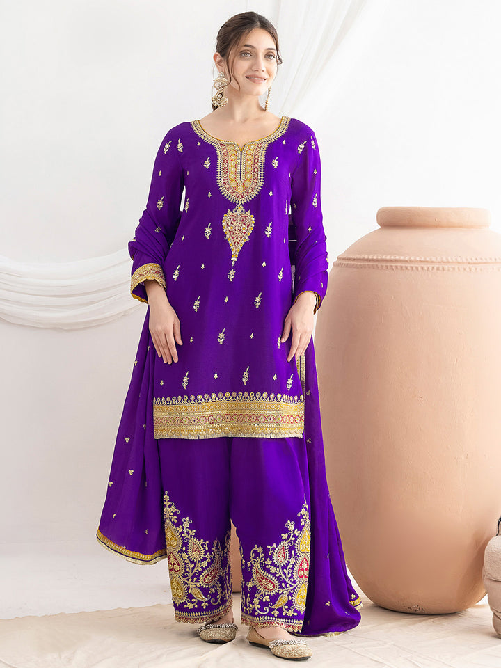 Purple Chinon Embroidered Kurta Farsi Salwar With Dupatta
